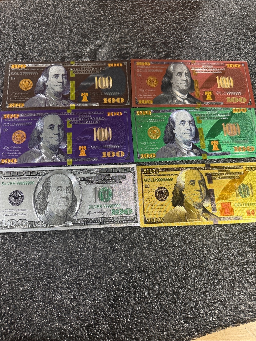 Premium Multi-Color Decorative 100 Bills gold foil set of 6